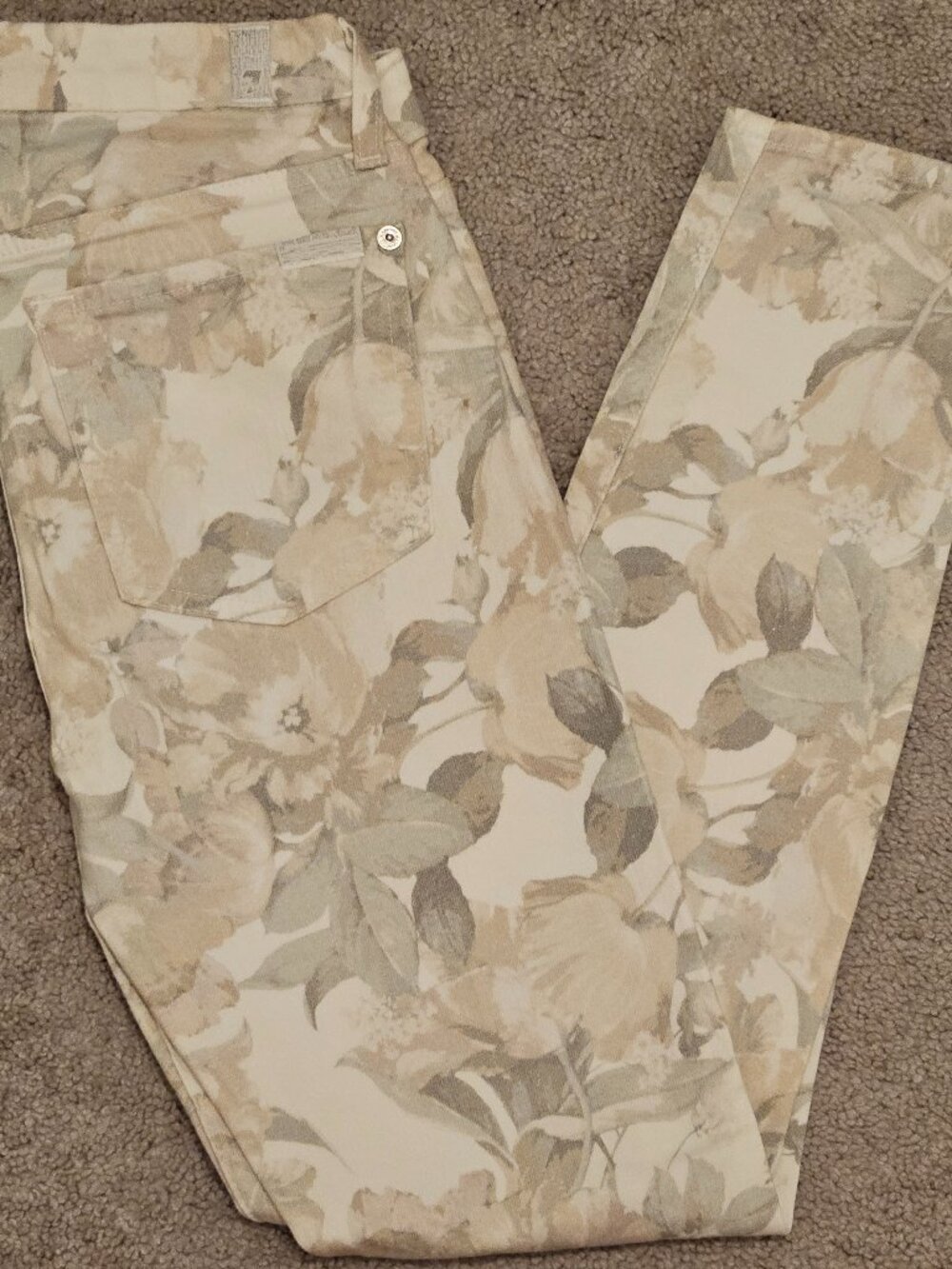 7 For All Mankind Floral Print Skinny Jeans Distressed Knee Neutral Watercolor